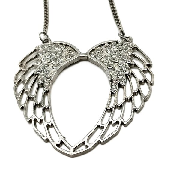 Rhinestone Angel Wing Open Heart Necklace Silver Tone Statement Pendant Chain - Picture 11 of 16